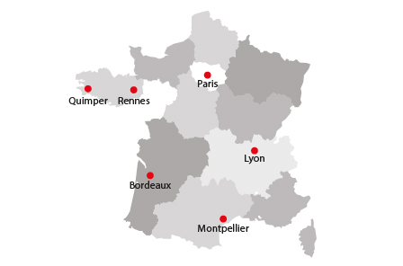 Carte de la france avec les implantations d'Arkéa Crédit Bail